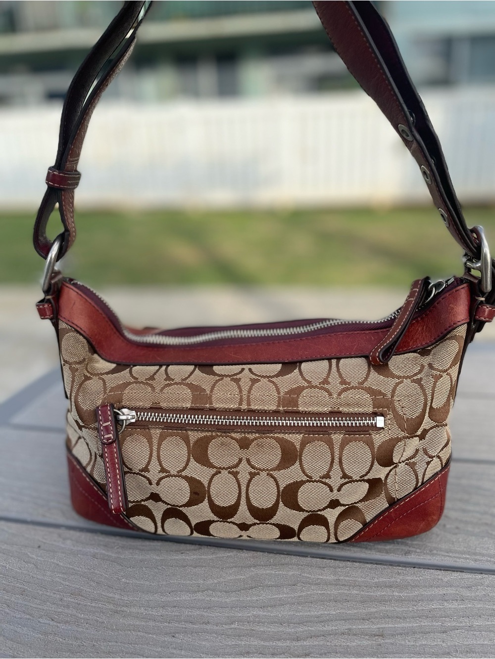 Coach Y2K Brown Signature Canvas Shoulder Bag with Leather Trim